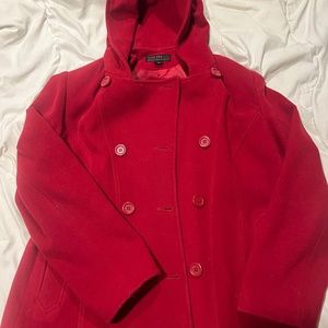 Jason Kole Red Hooded Double Breasted Wool Peacoat